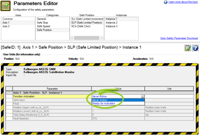 Parameters Editor showing the Function Activation options circled